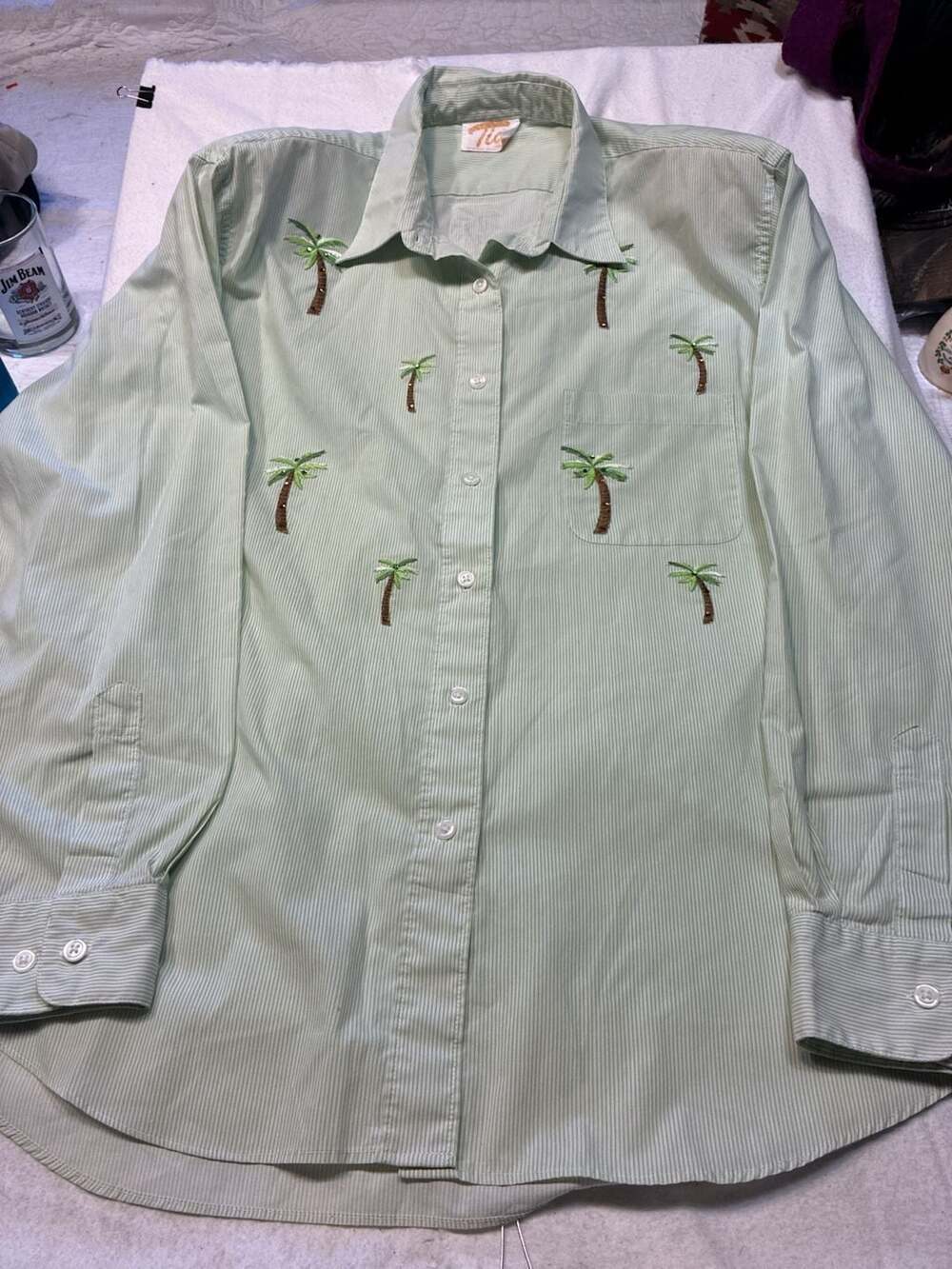 Tia Designs Green Striped Palm Tree Embroidered Button Down Shirt